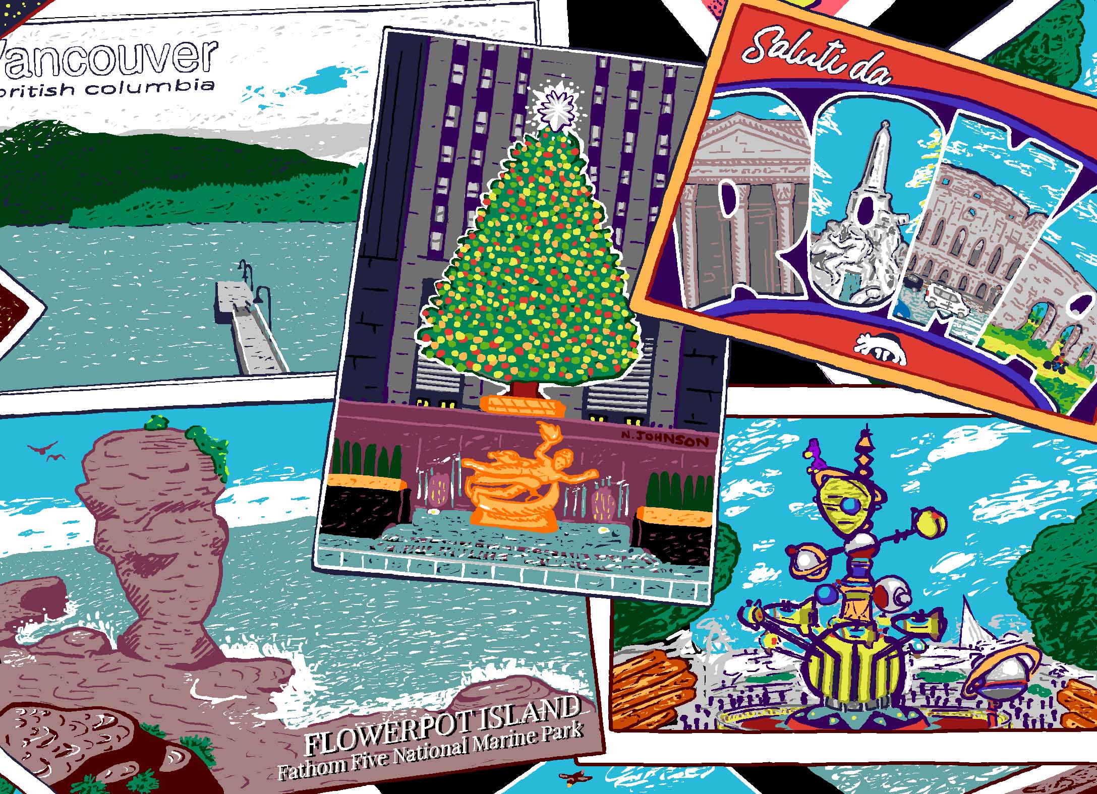 A card depicting several postcards showing New York, Vancouver, Flowerpot Island, Tomorrowland, Rome